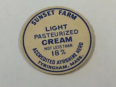 Vintage Milk Bottle Cap SUNSET FARM Tyringham Mass. Light Pasteurized Cream • $6.74