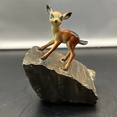 Vintage Ceramic Deer Fawn Petrified Wood Figure  1960s 1950s Super Cute Ceramic • $12