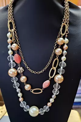 Vintage Gold Tone 3 Strand Faux Pearl Crystal Beaded Necklace  22  • $5