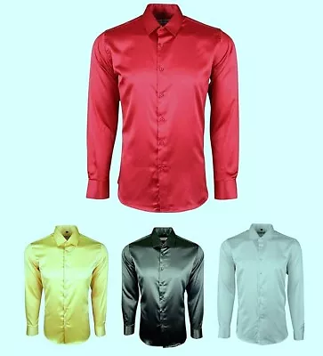 MENS SATIN FORMAL CASUAL WEDDING PARTY DRESS LONG SLEEVES SHIRT From 15.99 (422) • £18.99