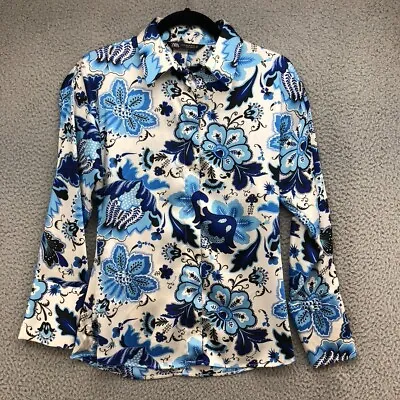 Zara Blouse Shirt Womens XS Blue Floral Button Up Satin Business Long Sleeve • $30