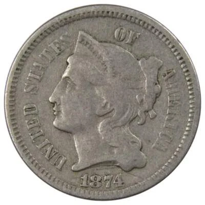 $31.95 • Buy 1874 Three Cent Piece F Fine Nickel 3c US Type Coin Collectible