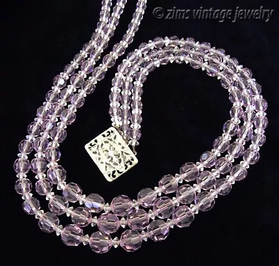 Vintage 1950s Lavender Purple CRYSTAL Multi Strand Bead NECKLACE Filigree Clasp  • $13.50