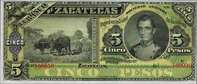 Mexico 5 Pesos 1891-1914 P-S475r Remainder Zacatecas Banknote Unc • $79.95