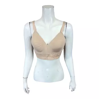 Breezies Seamless Long Line Wirefree Contour Bra With Lace Band Natural 34C Size • $10