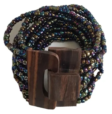 Gerda Lynggaard Monies Glass Bead Teak Wood Bracelet Peacock Rainbow • $115