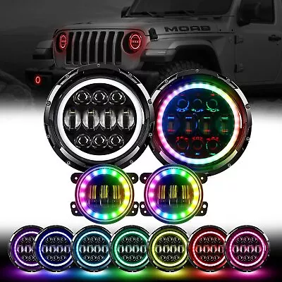 $149.99 • Buy For Jeep Wrangler JK RGB Halo 7  LED Headlights & 4  RGB Fog Lights Combo Kit