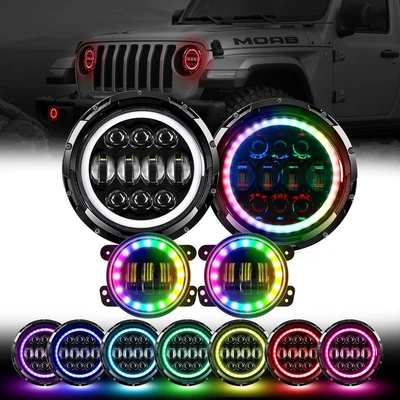 $149.99 • Buy For Jeep Wrangler JK RGB Halo 7  LED Headlights & 4  RGB Fog Lights Combo Kit