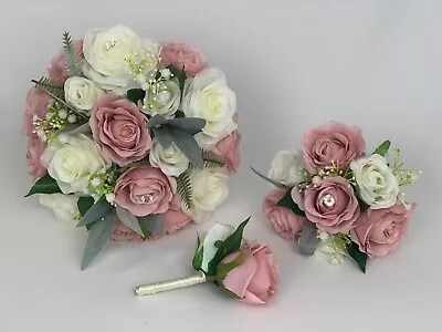 Wedding Bouquets Gypsophila Silk Pink Rose Brides Posy Bridesmaid Flowers Wand • £12