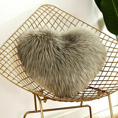 Love Heart Shape Fluffy Pillow Case Soft Sheepskin Sofa Cushion Cover Home Decor • £10.09