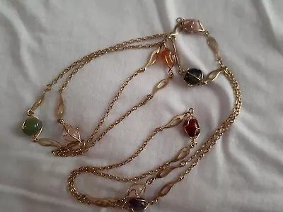 Vintage Caged Genuine Multi Gemstone Goldtone Endless Chain Necklace • $21