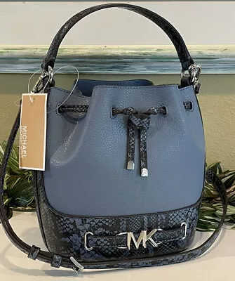 Michael Kors Reed Medium Bucket Snake Crossbody Shoulder Bag Denim Blue Leather • $117.99