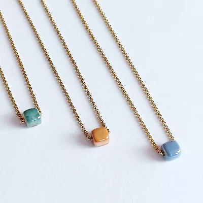 £13.75 • Buy Greek Ceramic Bead Necklace In Gold (Blue, Orange Or Green Cube Bead)