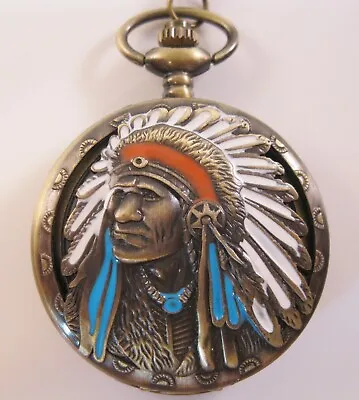 Native American Indian Chief Pocket Watch Enamel & Bronze Finish Choice Chain  • £37.46