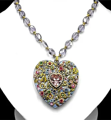Michal Golan Lavender Bead Necklace Multicolor Rhinestone Floral Heart Pendant • $129.95