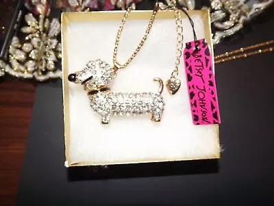 Betsey Johnson Dachshund Clear Stone Gold Necklace Pendant Crystal Gift Box  NWT • $22.49