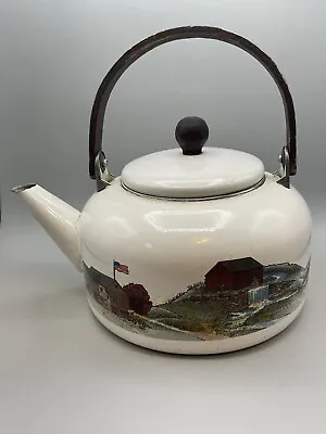 Vintage White Enamel Tea Pot With Wooden Handle With Country Scene • $13.95