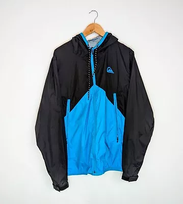 Quicksilver XLarge Hooded Zip Up Black & Blue Waterproof Windbreaker Jacket Mens • £12