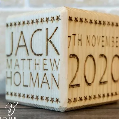 Personalised Solid Wood Baby Name Block Laser Engraved Baby Gift (Boxed) • £14.99