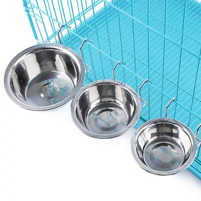  Pet Dog Rabbit Stainless Steel Hanging Feeding Bowl Pet Food Water Feeder UK • £6.59