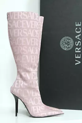 New Sz 8 / 38 VERSACE Beige Pink Logo Jacquard Pointed Toe Knee High Boot Shoes • $745