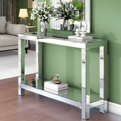 47'' Modern Narrow Console Table 2 Tier Silver Mirrored Entryway Table Glass • $499.99