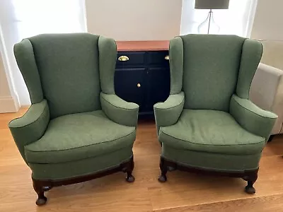 £1500 • Buy Antique Pair Of Victorian Newly Re-Upholstered Green Linen Armchairs