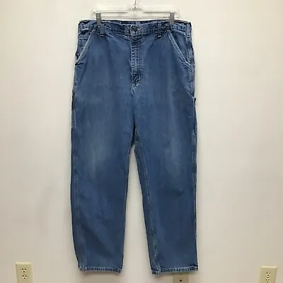 Carhartt Mens Blue Denim FRB13 DNM Straight Leg Loose Pockets Cargo Jeans 38X34 • $18.71