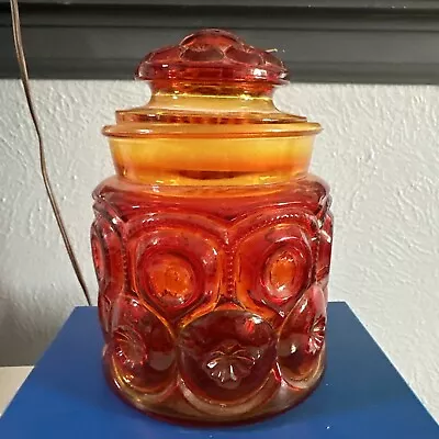 Vintage LE Smith Moon And Stars Amberina Glass Canister Jar W/lid 7’! It Glows! • $5.50