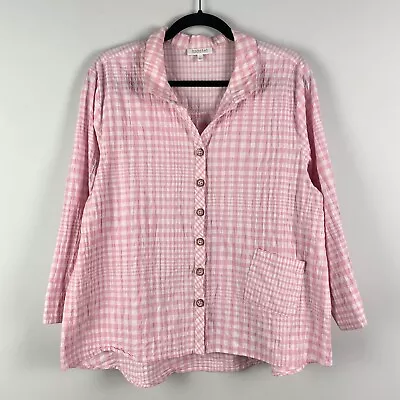 Habitat Clothes To Live In Button Up Shirt Size L Light Pink Plaid 3/4 Sleeves • $24.95