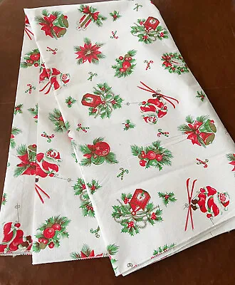 Vintage 50's Skiing Santa Vinyl Christmas Tablecloth 51 X 92 Holly Bells Wreaths • $34.99