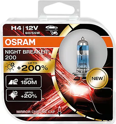 2x H4 Osram Night Breaker 200 Bulb Lamp Headlight 200% Brightness Chrome Cap • $37.80