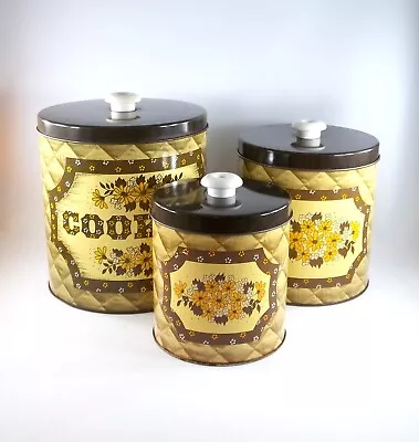 1970's JL Clark Mfg 3 Pc Canister Cookies Set Brown Yellow Quilted With Flowers • $22