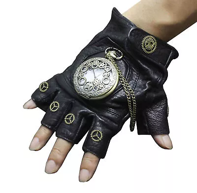 1 Pair SteamPunk Vintage Gears With Watch  Leather Gloves Cosplay  • $18