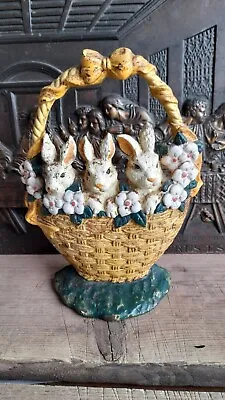 Cast Iron Door Stop Easter Basket Rabbits Flowers Garden Spring Decor • £25