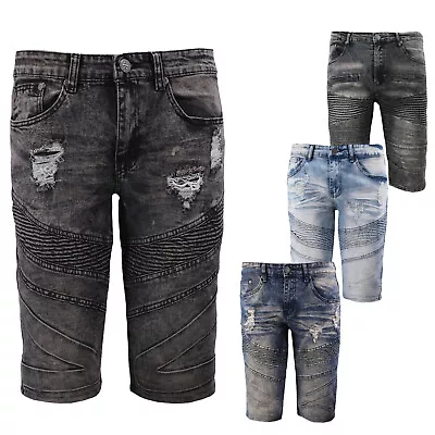 Men's Distressed Denim Faded Wash Slim Fit Moto Quilt Skinny Jean Shorts • $28.30