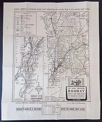 (AOP) Vintage Map Of Bombay & Suburbs Incl Railway Map India 35x43cm • $20