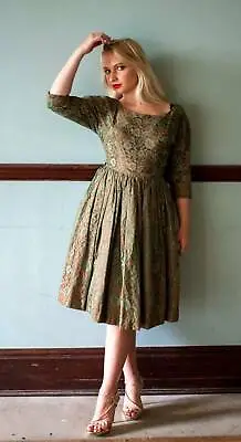 50’s Dress Full Skirt Lace Illusion Dark Green Size 10 • £89