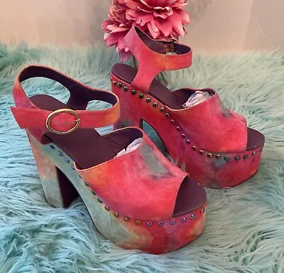 YRU Daydream Platform Shoes Studded Tie Dye Open Toe Sandals Womens SZ 10 SALE • £38