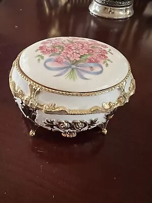 Vintage Westland Floral Porcelain Trinket  Metal Jewelry Music Box • $24.99