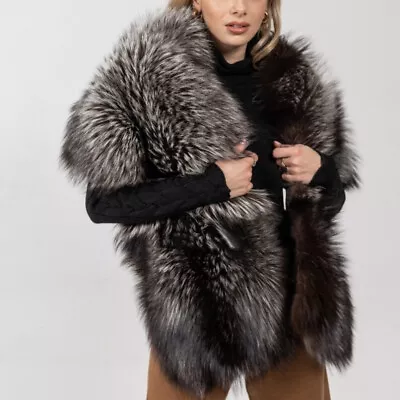 Women Winter Full Pelt Scarf Stole Cape Real Silver Fox Fur Coat Wrap Scarves • $743.07