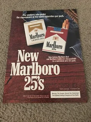 Vintage 1984 MARLBORO 25'S RED & LIGHTS CIGARETTES Pack Print Ad 1980s • $5.99