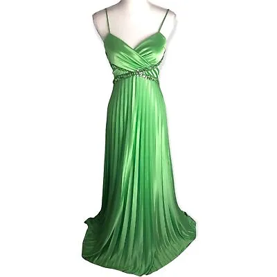 Masquerade Green Satin Pleated Sequined Jewel Formal Maxi Dress Size 7/8 • £52.71