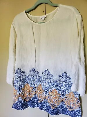 Pure Jill J.Jill Ivory Blue Textured Border Print Top Blouse Relaxed Size Small • $12.25