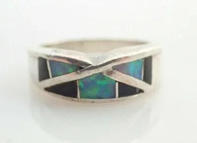 Vintage Opal & Black Onyx Inlay Sterling Silver Band Ring Sz 6 • $33.98