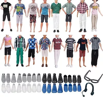 14 PCS Ken Doll Clothes And Accessories Including 3 Ken Tops 3 Pants 6 Shoes UK • £8.95
