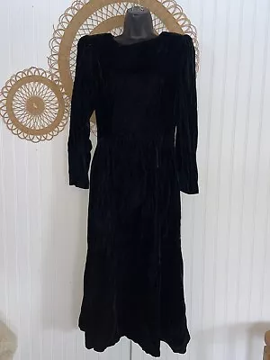 Vintage 80s Lanz Black Velvet Dress 12 Keyhole Back Holiday Party Button Back • $25.60