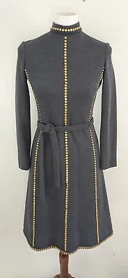 Vintage 60s Designer Knit Sheath Dress Mod Gold Studs Jackie O Mad Men Gray 4 6 • $108