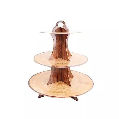 Natural 3 Tier 14  Cardboard Cupcake Stand Wooden Print Display Tower Events • $9.25