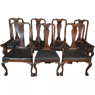 Antique Set Of 7 Mahogany Ball And Claw Dining Chairs – Twin Arms #21449 • $1250